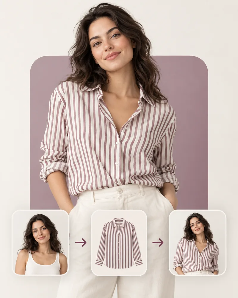 Three-step virtual try-on workflow from person and garment photos to a changed outfit result