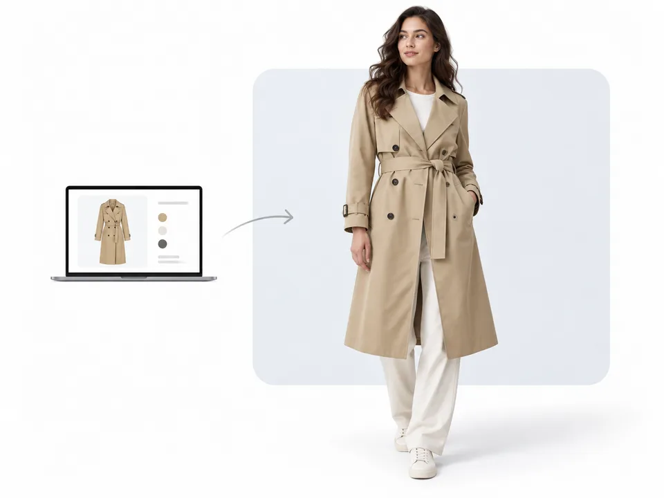 Khaki trench coat product photo transformed into a virtual try-on on an adult shopper