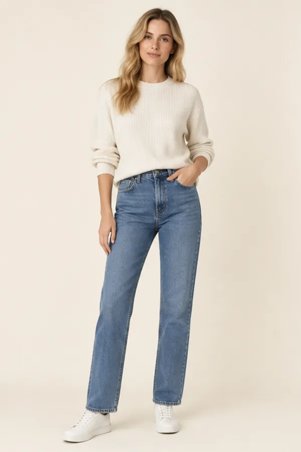 Adult model virtually trying on straight jeans