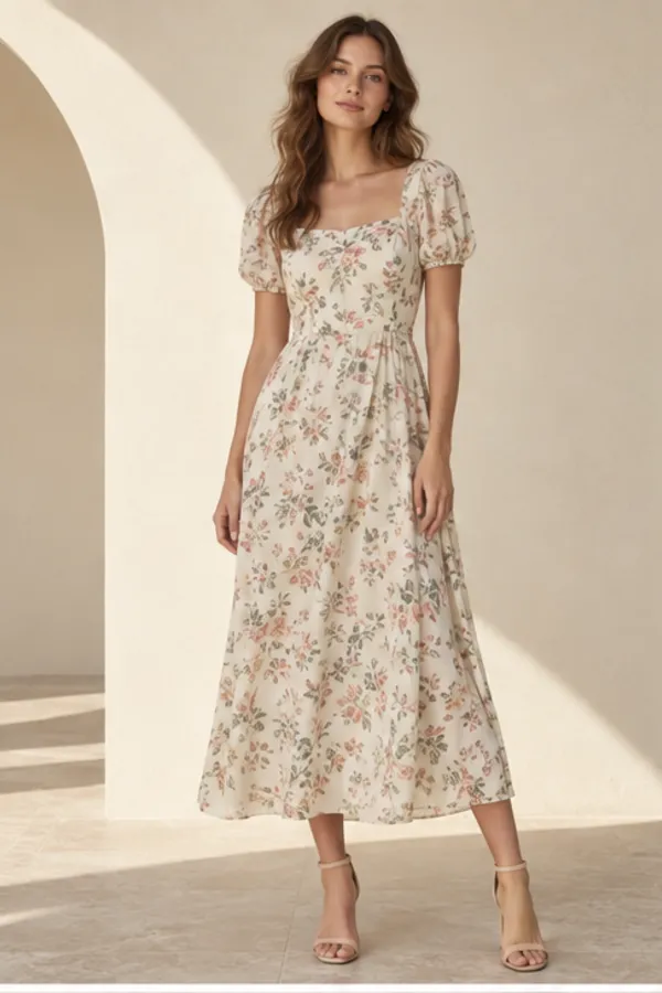 Adult model virtually trying on a floral day dress