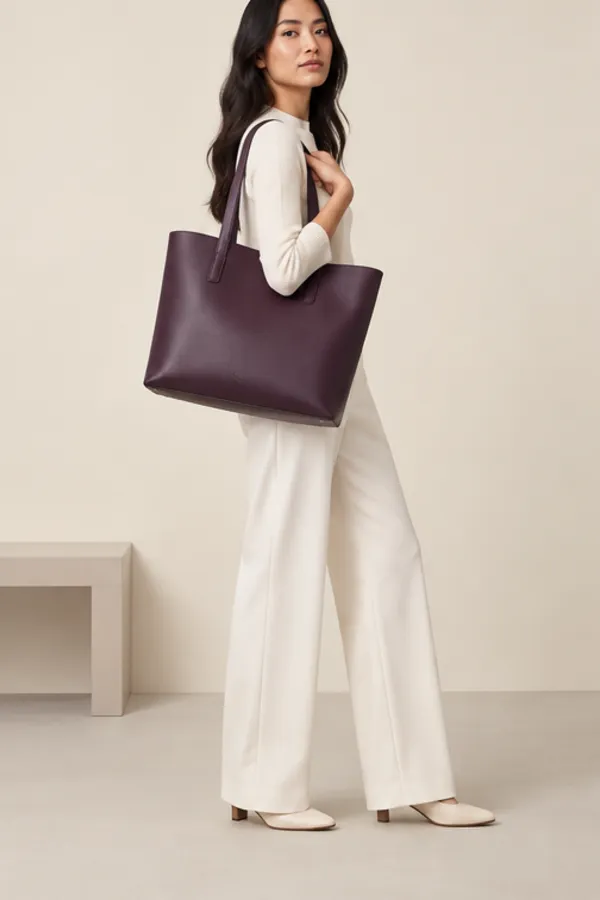 Adult model carrying a tote bag in a full outfit try-on