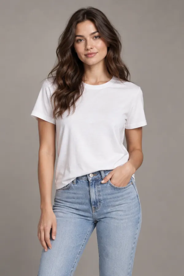 Adult model wearing a T-shirt after an AI clothes change